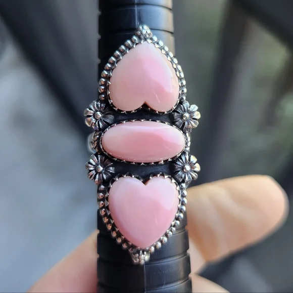 Handmade Sterling Silver 925 Queen Pink Conch Double Heart Crawler Ring Size 8 - Picture 8 of 9